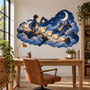 May include: A wall decal featuring a child in a blue cloak holding a staff with a glowing star, guiding a flock of sheep with glowing star bellies across a mountain landscape under a crescent moon and starry night sky in shades of blue.