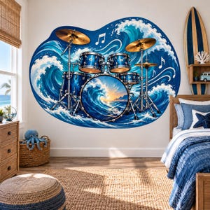 May include: A large wall decal featuring a blue drum set integrated into a stylized ocean wave design. The bass drum head displays a sunset over the sea, while musical notes float in the air. The artwork is rendered in shades of blue and white.