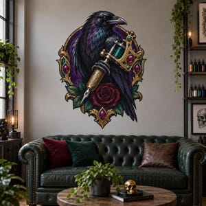 Tattoo Ink Raven Wall Decal, Studio Shop Decor, Removable Vinyl Sticker