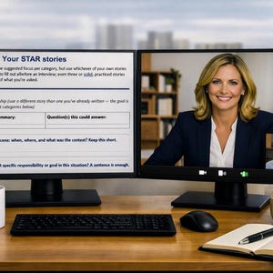 May include: Two computer monitors displaying a video conference call and a document titled Your STAR stories. A white mug, black keyboard, computer mouse, a notebook with a pen, and a small potted succulent are arranged on a wooden desk.
