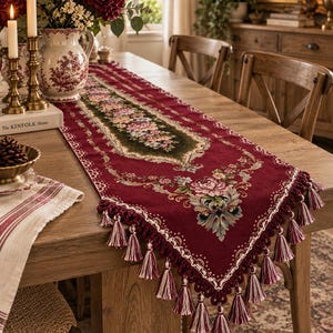 Burgundy Gobelin Table Runner, Floral Tapestry Runner, Vintage Tassel Table Decor