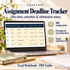 May include: A laptop screen displays a Gridvori Assignment Deadline Tracker spreadsheet with columns for ID, course, assignment, type, due date, priority, and status. Text includes 100 assignments, overdue and upcoming dates, and track submitted work.