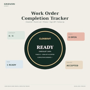 Work Order Completion Tracker Spreadsheet, Handyman Closeout Checklist, Punch List, Customer Sign Off Template