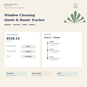 May include: A digital dashboard titled Window Cleaning Quote & Route Tracker by GRIDVORI. It displays a Quote Snapshot with a $518.13 total, a 68.3% margin, and a $129.53 deposit. A Route Day section lists Crew A with three stops and times.