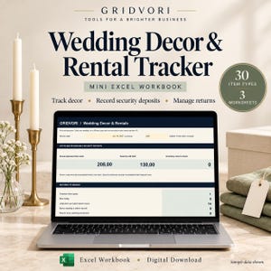 Modello Excel per il monitoraggio del noleggio di decorazioni per matrimoni, con inventario, depositi cauzionali e lista di controllo delle date di restituzione.