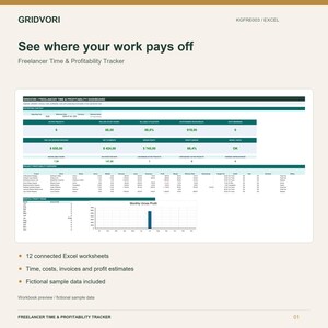 Puede incluir: Una plantilla de hoja de cálculo digital para el seguimiento del tiempo y la rentabilidad de freelancers de GRIDVORI. La interfaz muestra un panel con métricas de proyectos, datos financieros y un gráfico de barras de beneficio bruto mensual.