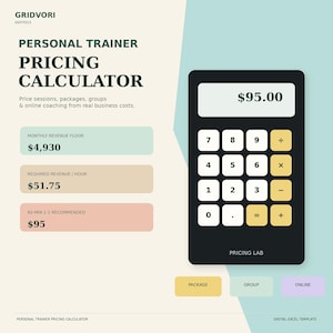 May include: A digital personal trainer pricing calculator template featuring a black calculator graphic with a display showing $95.00. The layout includes text fields for monthly revenue floor of $4,930, required revenue per hour of $51.75, and 60-min 1:1 recommended price of $95.