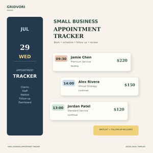 May include: A digital small business appointment tracker template featuring a dark blue sidebar with date and navigation links. The main area displays scheduled appointments for Jamie Chen, Alex Rivera, and Jordan Patel with times, service types, and dollar amounts.