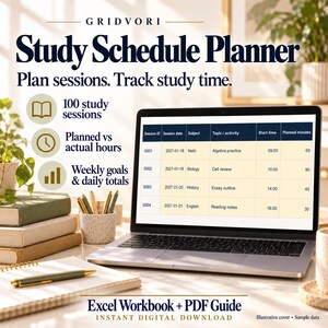 May include: A digital study schedule planner by Gridvori featuring an Excel workbook and PDF guide. The screen displays a table with columns for session ID, date, subject, topic, start time, and planned minutes. Text includes Plan sessions. Track study time.