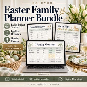 May include: A digital Easter Family Planner Bundle featuring three Excel workbooks displayed on a laptop and two tablets. The screens show tables for Basket Budgets, a Hunt Plan, and a Hosting Overview. Includes 15 tabs and PDF guides.