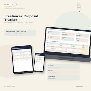 Puede incluir: Un panel digital de Freelancer Proposal Tracker mostrado en una computadora portátil, tableta y teléfono inteligente. La interfaz presenta tablas de datos, métricas y herramientas de seguimiento con texto que incluye Gridvori, Plan, Track, Grow.