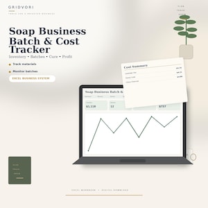 May include: A digital Soap Business Batch & Cost Tracker Excel system displayed on a laptop screen with a cost summary note. The interface shows inventory, batch data, and a line graph. Text includes Gridvori, Tools for a Brighter Business.