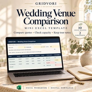 May include: A digital wedding venue comparison Excel template by GRIDVORI. The screen displays a spreadsheet for tracking venue quotes, guest counts, and capacity. Includes a circular badge noting 10 venue quotes and 2 worksheets.