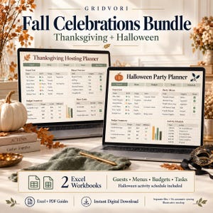 May include: Two laptops display digital party planning spreadsheets titled Thanksgiving Hosting Planner and Halloween Party Planner. The bundle includes two Excel workbooks for managing guest lists, menus, budgets, and tasks for fall events.