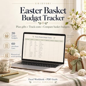 May include: A digital Easter Basket Budget Tracker displayed on a laptop screen. The interface includes columns for basket name, recipient, category, item, planned cost, actual cost, difference, and notes. Text includes 'Easter Basket Budget Tracker', 'Plan gifts', 'Track costs', 'Compare basket budgets', '20 basket budgets', '60 purchase rows', 'Planned and actual spending', and 'Excel Workbook + PDF Guide'.