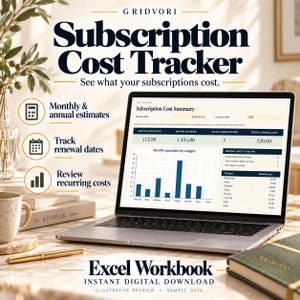 May include: A digital subscription cost tracker Excel workbook displayed on a laptop screen. The interface shows a subscription cost summary, monthly and annual estimates, renewal dates, and a bar chart for recurring costs. Text includes Gridvori, Subscription Cost Tracker, and Excel Workbook.