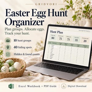 May include: A digital Easter Egg Hunt Organizer displayed on a laptop screen, featuring a spreadsheet with hunt groups, egg counts, and hiding spots. Beside the laptop sits a woven basket filled with speckled and solid-colored eggs.
