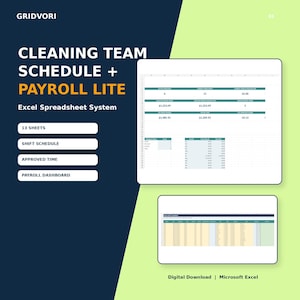 Peut inclure: Un système de feuille de calcul Excel numérique pour le planning d'équipe de nettoyage et la paie simplifiée. Le graphique affiche le titre, 13 feuilles, le planning des équipes, le temps approuvé et le tableau de bord de paie, avec deux aperçus.