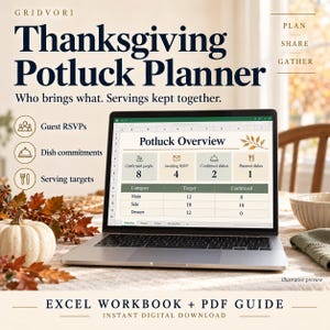 Op de afbeelding: Een laptop toont een Thanksgiving Potluck Planner-spreadsheet met kolommen voor gasten-RSVP's, gerechttoezeggingen en serveerdoelen. Het scherm toont een overzichtstabel met categorieën voor hoofdgerechten, bijgerechten en desserts.