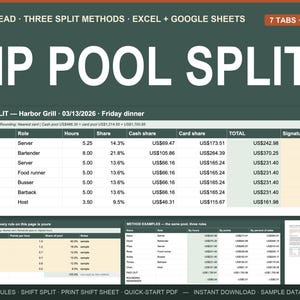 Könnte beinhalten: Eine digitale Tabellenkalkulationsvorlage mit dem Titel TIP POOL SPLIT für Excel und Google Sheets. Sie verfügt über eine dunkelgrüne Kopfzeile mit weißem Text, einschließlich SHIFT LEAD, THREE SPLIT METHODS und 7 TABS 3 FILES. Die Tabelle zeigt Schichtdaten für Harbor Grill vom 13.03.2026 mit Namen, Rollen, Stunden, Anteilen, Bar- und Kartenanteilen sowie Summen.