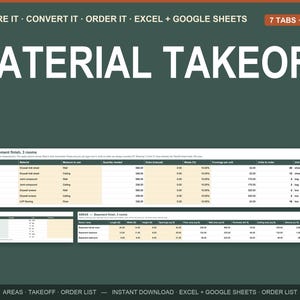 Op de afbeelding: Een digitaal sjabloon voor materiaalcalculaties in Excel en Google Sheets, bestaande uit 7 tabbladen en 3 bestanden. De interface toont kolommen voor gebied, materiaal, hoeveelheid, afvalpercentage en te bestellen eenheden voor projecten.