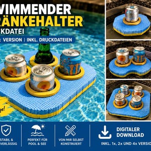 Könnte beinhalten: Ein blau-gelber schwimmender Getränkehalter mit vier runden gelben Halterungen, bestückt mit drei Aluminiumdosen und einer grünen Glasflasche. Das Produkt ist für den 3D-Druck konzipiert, inklusive digitaler Dateien für 1x, 2x und 4x Versionen.