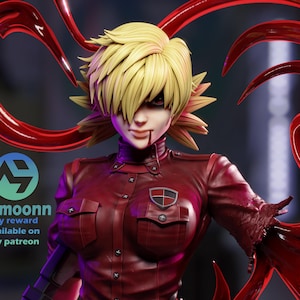 May include: A collectible figurine of a character with short blonde hair, wearing a dark red military-style uniform with a shield emblem on the chest. The figure holds a black firearm and is surrounded by swirling, glossy red tendrils of energy.