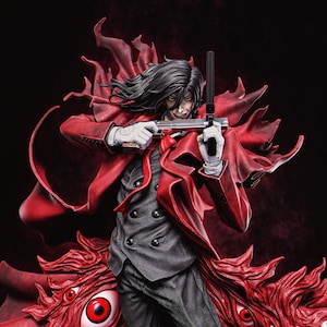 May include: A detailed figurine of a character with long black hair, wearing a red coat, black vest, and white gloves. The character holds a silver handgun with both hands. Below the character, a red, textured base features multiple red eyes.