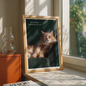 Puede incluir: Una lámina de arte enmarcada con un gato atigrado naranja descansando en una silla verde oscuro. El texto "It's my house, You just pay the rent." está impreso en blanco en la parte superior. El marco es de madera clara y está en una repisa.