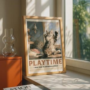 Funny Cat Poster, Playtime Kitten Wall Art, Retro Fluffy Cat Print, Cat Lover Gift