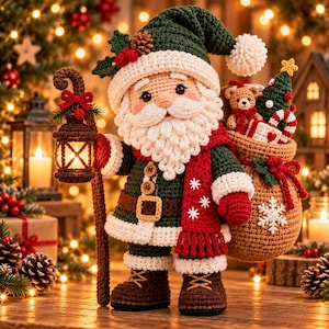 Könnte beinhalten: Eine gehäkelte Weihnachtsmannfigur in einem dunkelgrünen Mantel mit weißem Besatz und einem roten Schal mit weißen Schneeflockenstickereien. Die Figur hält eine braune Laterne und trägt einen beigen Sack mit einem Teddybären, einem kleinen Baum und Geschenken.