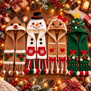 May include: Four crocheted hooded scarves featuring holiday characters: a brown reindeer with holly, a white snowman with a top hat, a tan gingerbread person with a red bow, and a green Christmas tree topped with a yellow star.