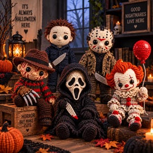 May include: Five crocheted dolls representing horror characters: a brown-hatted figure with clawed hands, a dark-haired figure with a knife, a masked figure with a machete, a hooded black figure with a bloody knife, and a clown holding a red balloon.