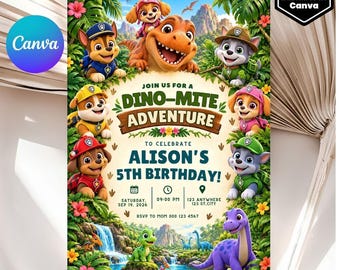 Editable Dino Rescue Puppy Birthday Invitation, Jungle Paw-ty Kids Invite, Printable Canva Template Digital Download, Boy Bday Party