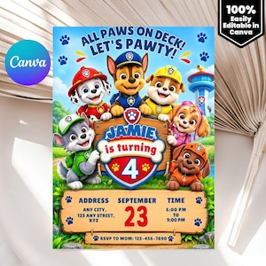 Könnte beinhalten: Eine Geburtstagseinladungskarte mit Paw Patrol Charakteren und dem Text ALL PAWS ON DECK! LET'S PAWTY! JAMIE is turning 4. Die Karte enthält Platzhalter für Adresse, Datum 23. September, Uhrzeit 18:00 bis 21:00 Uhr und RSVP 123-456-7890.