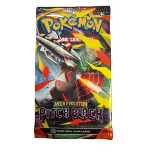 May include: A sealed Pokémon Trading Card Game booster pack featuring a dark creature with a metallic arm. The packaging displays the text Pokémon, Mega Evolution, Pitch Black, and 10 Additional Game Cards in yellow, white, and purple colours.