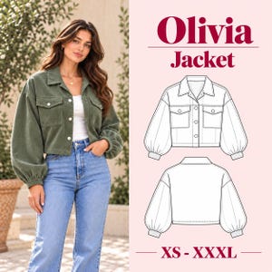 Cropped Jacket Sewing Pattern PDF, Womens Button Up Jacket Pattern, Balloon Sleeve Jacket, Corduroy Jacket Sewing Pattern, Instant Download