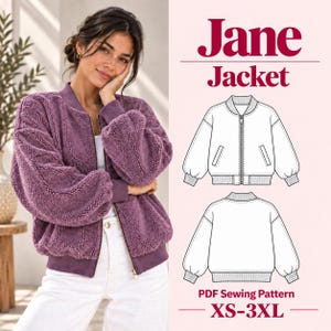 Bomber Jacket Sewing Pattern PDF, Women's Teddy Jacket Pattern, Sherpa Fleece Coat, Zip Up Jacket, A0 A4 US Letter Pattern