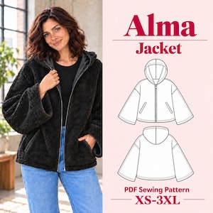 Schnittmuster für eine Kapuzenjacke (PDF), Damen-Teddy-Fleecejacke mit Reißverschluss vorne, Formate: A0, A4, US Letter