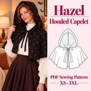 May include: A black hooded capelet featuring an orange pumpkin pattern, a hood, and a front tie closure. The text reads Hazel Hooded Capelet and PDF Sewing Pattern XS-3XL. A line drawing of the capelet is included to show the design structure.