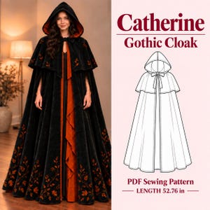Gothic Hooded Cloak Sewing Pattern PDF, Long Cape, Halloween Costume, Witch Cosplay, A4 US Letter A0