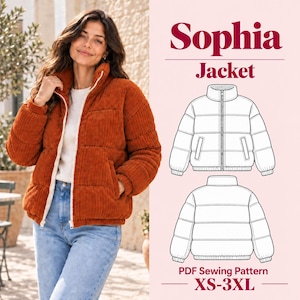 Patrón de costura en PDF para chaqueta acolchada, patrón de chaqueta acolchada para mujer, chaqueta con cremallera, patrón de costura para abrigo de invierno, descarga instantánea.
