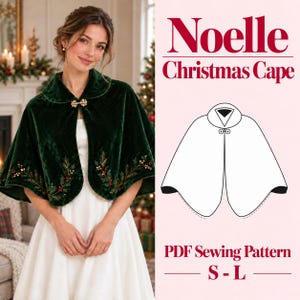 Puede incluir: Una capa de terciopelo verde oscuro con cuello redondeado, un cierre decorativo en tono dorado y motivos bordados de acebo y bayas en el dobladillo. La imagen incluye un dibujo lineal de la capa y el texto Noelle Christmas Cape PDF Sewing Pattern S-L.