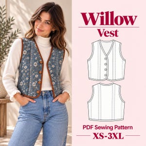 Vest Sewing Pattern PDF, Women’s Button Front Vest PDF Sewing Pattern, Quilted Layering Waistcoat with Bias Binding, XS–3XL