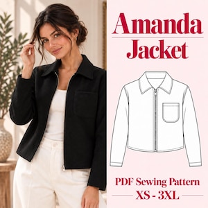 Könnte beinhalten: Eine schwarze Jacke mit Reißverschluss, Kragen und Brusttasche, getragen von einer Person mit weißem Oberteil und Hose. Daneben eine schwarz-weiße Strichzeichnung der Jacke mit dem Text Amanda Jacket PDF Sewing Pattern XS - 3XL.