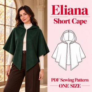 Puede incluir: Una capa corta con capucha de color verde oscuro sobre un cuello alto crema y pantalones marrones, acompañada de un dibujo técnico de la prenda y el texto Eliana Short Cape PDF Sewing Pattern ONE SIZE sobre un fondo rosa claro.