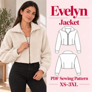 Puede incluir: Una chaqueta de forro polar color crema de manga larga con cremallera y cuello. La imagen incluye el texto Evelyn Jacket, PDF Sewing Pattern y XS-3XL, junto a un dibujo lineal en blanco y negro que muestra el frente y la espalda del diseño.