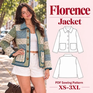 Puede incluir: Una chaqueta acolchada con diseño de patchwork en tonos azul, verde y crema con estampado floral, cuello y botones frontales. La imagen incluye un dibujo técnico de la chaqueta y el texto Florence Jacket PDF Sewing Pattern XS-3XL.
