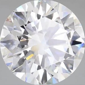 May include: A round brilliant cut gemstone with a clear, colorless appearance and numerous triangular and kite-shaped facets. The stone exhibits high light reflection and refraction, creating a bright, sparkling effect across its surface.