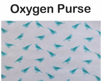 oxygen purse, pockets, padded strap, portable travel bag, tote, oxygen tank, multiple tank size options, aqua birds on white cotton fabric